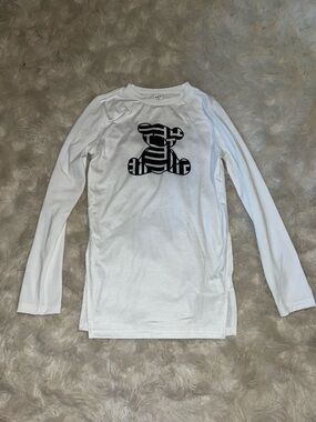 SHEIN White Long Sleeve Tee with Black Striped Bear Motif